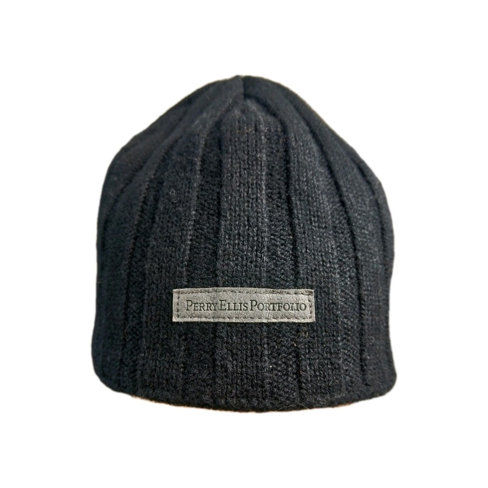 Perry Ellis Beanie Toque Men One Size Black Knit 50%wool 50%Acrylic Logo #468C